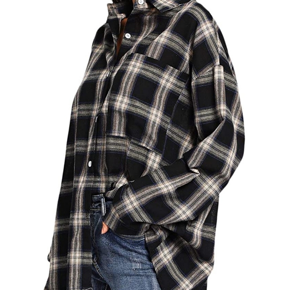 SweatyRocks Women's Long Sleeve Collar Long Button Down Plaid Shirt Blouse Tops - Picture 3 of 4